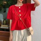 Short-sleeve Button Accent T-shirt Red - One Size