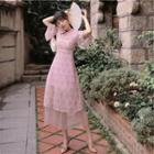 Bell-sleeve Mesh Hem A-line Midi Lace Dress