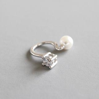 925 Sterling Silver Faux Pearl Rhinestone Cuff Earring 925 Silver - Platinum - One Size