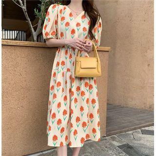 Puff-sleeve V-neck Flower Printed Maxi Dress Almond - One Size