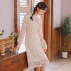 Lace Ribbon Accent Long-sleeve Dress