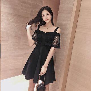 Cutout-shoulder Lace Embroidered A-line Dress