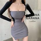 Set: Two-tone Bandeau Skinny Dress + Long Sleeve Plain Shawl