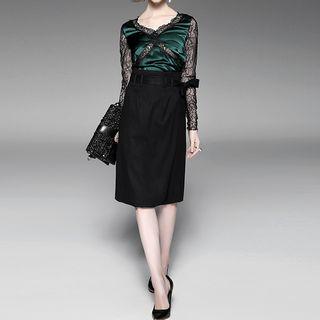 Lace Panel Long Sleeve Silk Top