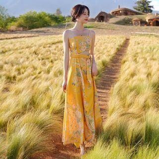 Spaghetti Strap Floral Cutout Maxi A-line Dress