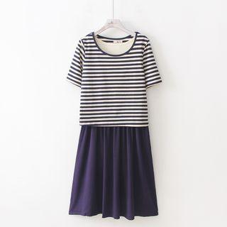 Set: Striped Short-sleeve T-shirt + Two-tone Tank Dress