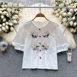 Puff-sleeve Peter Pan Collar Flower Embroidered Top White - One Size