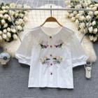 Puff-sleeve Peter Pan Collar Flower Embroidered Top White - One Size