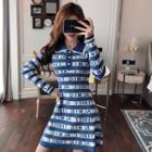 Lettering Long-sleeve Knit Collared A-line Dress