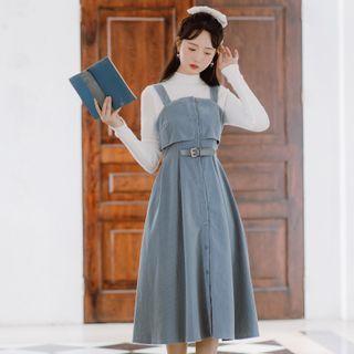 Set: Long-sleeve Mock-neck Knit Top + Buckled Midi A-line Overall Dress