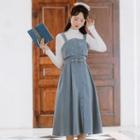 Set: Long-sleeve Mock-neck Knit Top + Buckled Midi A-line Overall Dress