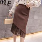 Mesh Panel Knit Midi Pencil Skirt
