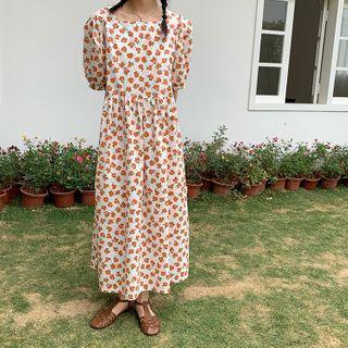 Floral Print Puff-sleeve Maxi A-line Dress White - One Size