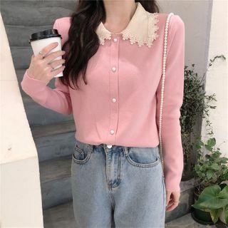 Peter-pan Collar Lace Trim Long-sleeve Cardigan