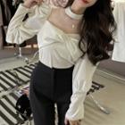 Mesh Panel Puff-sleeve Blouse White - One Size