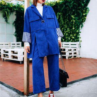 Set: Striped Panel Side-slit Corduroy Blazer + Cropped Wide-leg Pants