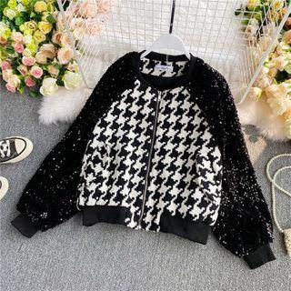 Sequined Houndstooth Panel Baseball Jacket Black - One Size