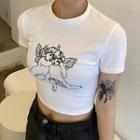 Angel Print Cropped T-shirt White - One Size