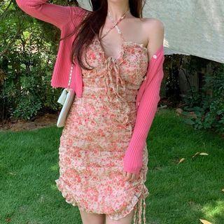 Halter Neck Floral Print Mini A-line Dress / Cardigan