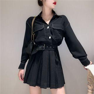 Long-sleeve Plain Shirt / High-waist Pleated Skirt
