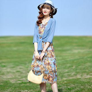 Set: Spaghetti Strap Floral Print Midi Dress + Tie-front Jacket