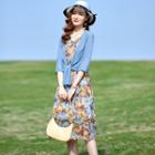 Set: Spaghetti Strap Floral Print Midi Dress + Tie-front Jacket