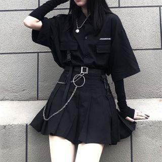 Short Sleeve Cargo Shirt / Pleated Mini A-line Skirt / Belt
