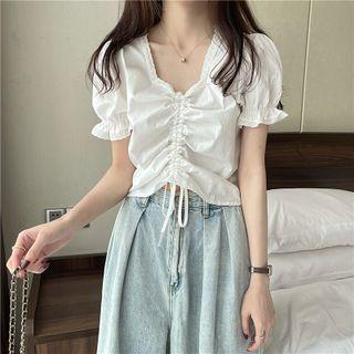 V Neck Plain Drawstring Puff Short Sleeve Shirt