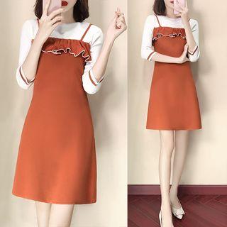 Mock Two-piece 3/4-sleeve A-line Knit Dress