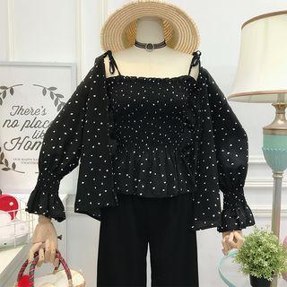 Set: Printed Spaghetti-strap Smocked Top + Printed Open-front Jacket