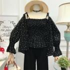 Set: Printed Spaghetti-strap Smocked Top + Printed Open-front Jacket