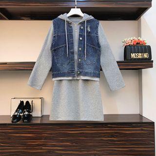 Long-sleeve Dress / Mock Two-piece Denim Vest / Set