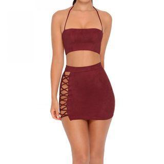 Set: Spaghetti Strap Crop Top + Fitted Lace-up Mini Skirt