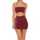 Set: Spaghetti Strap Crop Top + Fitted Lace-up Mini Skirt