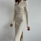 Long-sleeve Open-collar Slit Knit Midi Sheath Dress