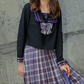 Sailor-collar Gingham Hem Long-sleeve Top