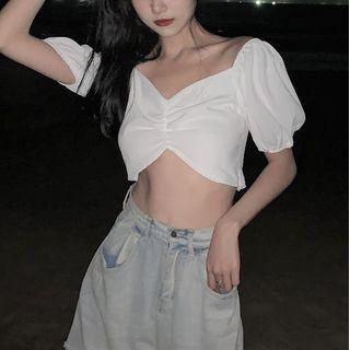 Off-shoulder Puff-sleeve Crop Top White - One Size