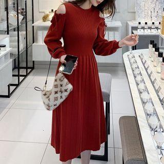 Long-sleeve Off-shoulder Plain Slim Fit Pleated Dress