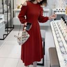 Long-sleeve Off-shoulder Plain Slim Fit Pleated Dress