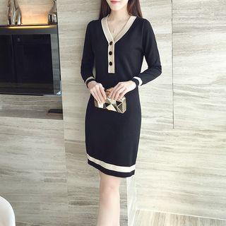 Knit Contrast-trim Button Long-sleeve Sheath Dress