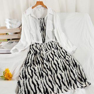 Set: Spaghetti Strap Print Midi Dress + Light Shirt Jacket