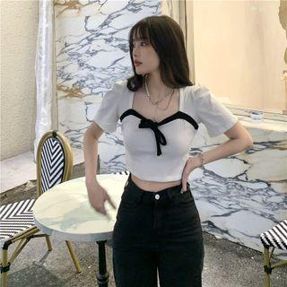 Short-sleeve Ribbon Crop Top White - One Size