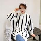 Striped Mock-neck Furry Pullover