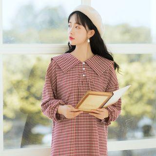 Long-sleeve Collared Plaid Midi Dress
