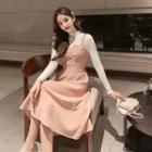 Set: Mock Neck Long-sleeve Top + Midi Overall Dress