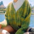 V-neck Plaid Loose-fit Cardigan Avocado - One Size