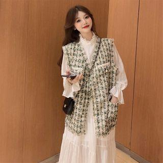 Tweed Vest + Bell-sleeve Mock Neck Lace Trim Plain Dress