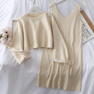 Set: Dolman-sleeve Crop Knit Top + Tank Dress