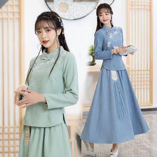 Long-sleeve Embroidered Qipao Top / Maxi Skirt