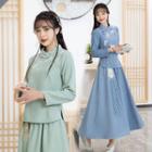 Long-sleeve Embroidered Qipao Top / Maxi Skirt